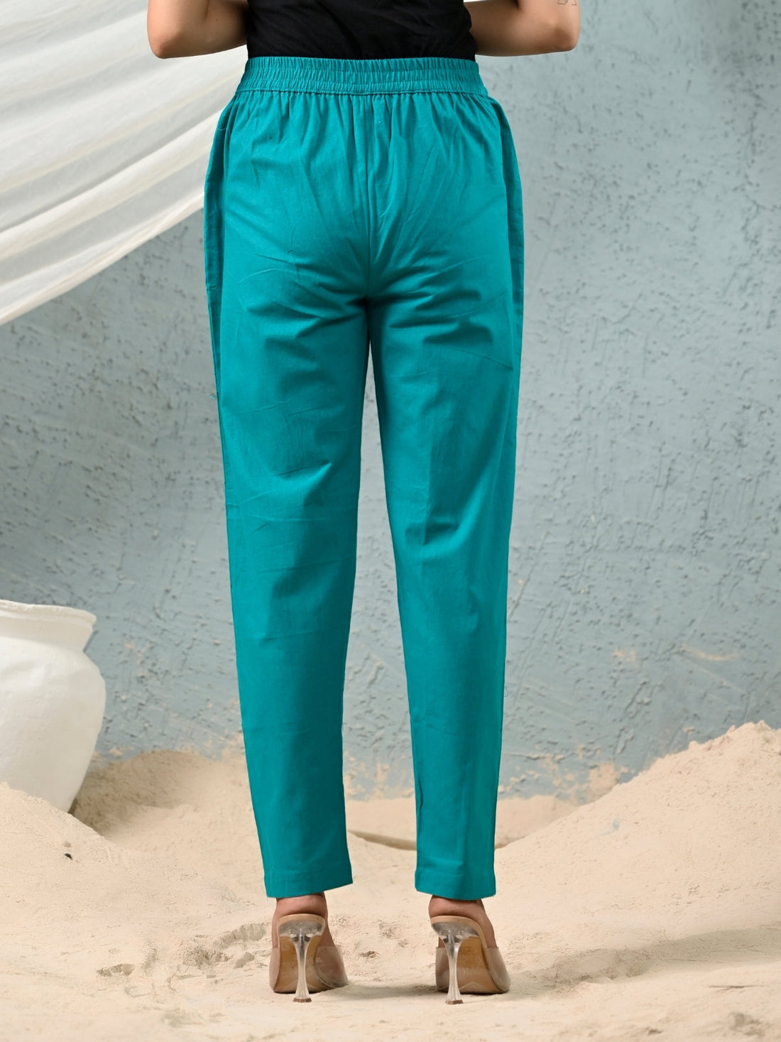 Cyan Regular Fit Elastic Cotton Trouser