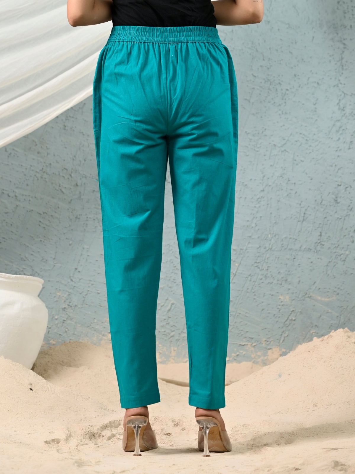 Cyan Regular Fit Elastic Cotton Trouser