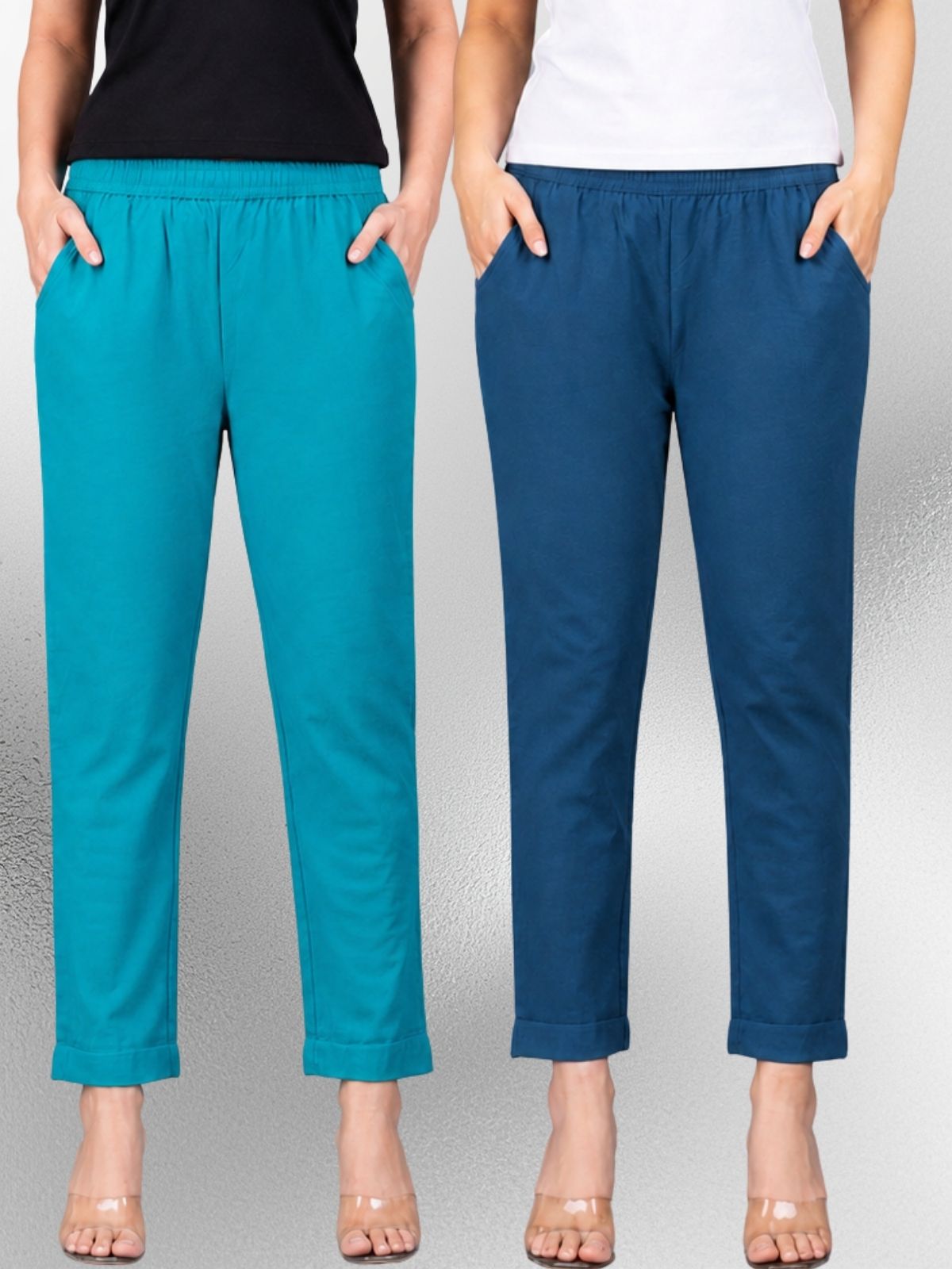 Cyan & Tealblue Regular Fit Elastic Cotton Trouser Combo