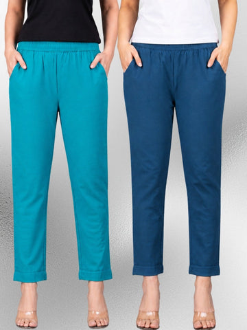 Cyan & Tealblue Regular Fit Elastic Cotton Trouser Combo