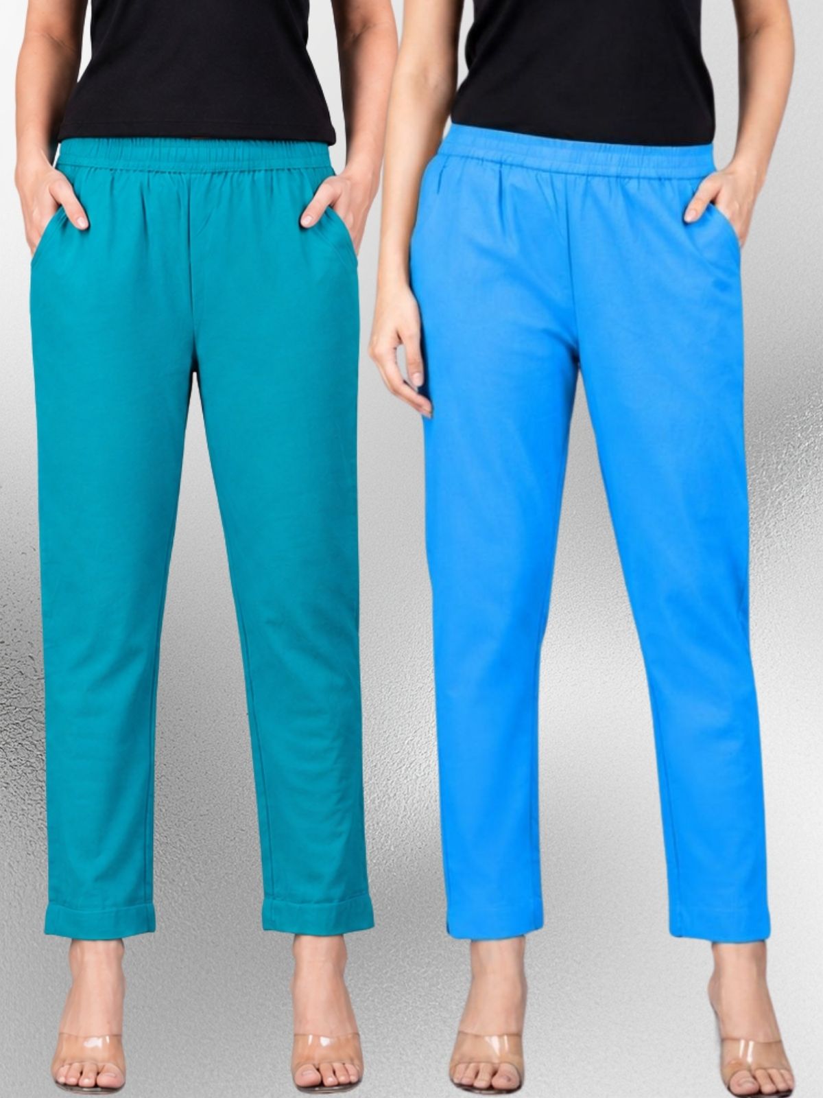 Cyan & Turquoise Regular Fit Elastic Cotton Trouser Combo