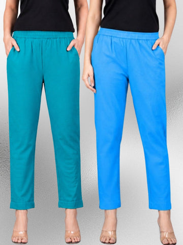 Cyan & Turquoise Regular Fit Elastic Cotton Trouser Combo