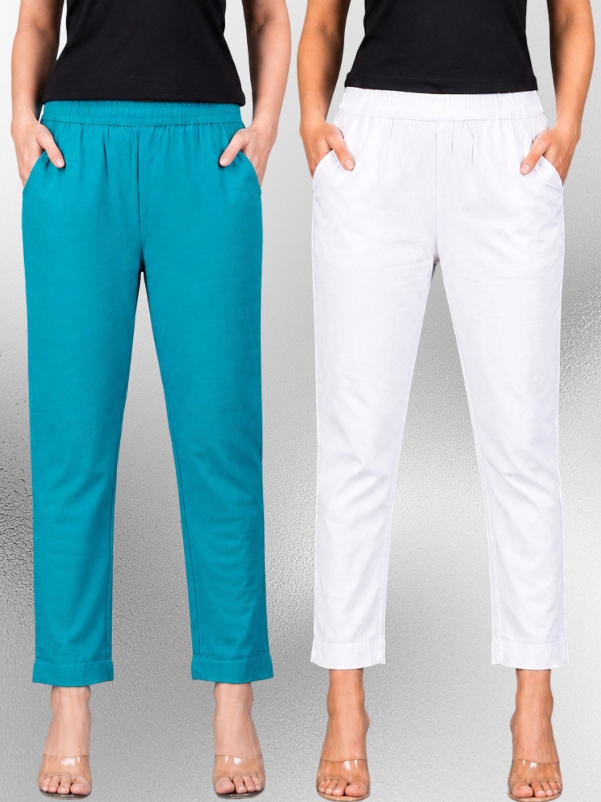 Cyan & White Regular Fit Elastic Cotton Trouser Combo