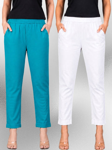 Cyan & White Regular Fit Elastic Cotton Trouser Combo