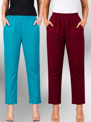 Cyan & Wine Regular Fit Elastic Cotton Trouser Combo