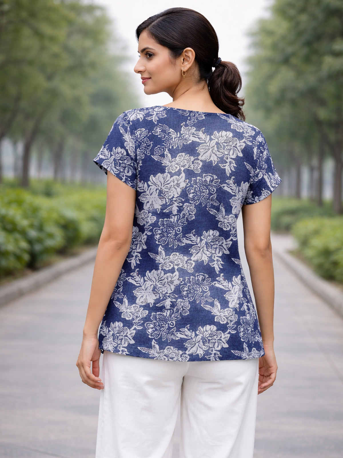 DarkGrey Airy Linen Cotton Printed Top