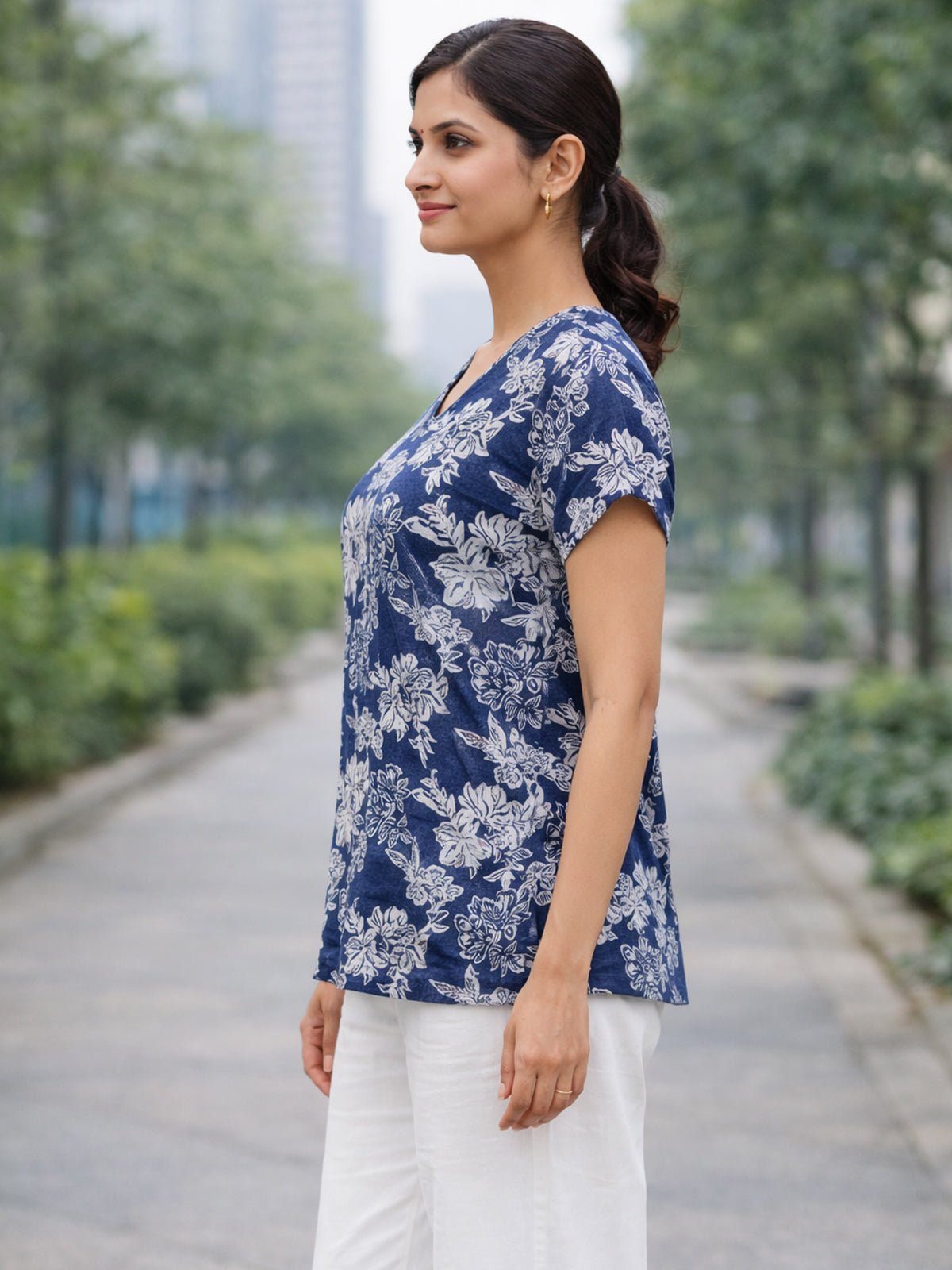 DarkGrey Airy Linen Cotton Printed Top