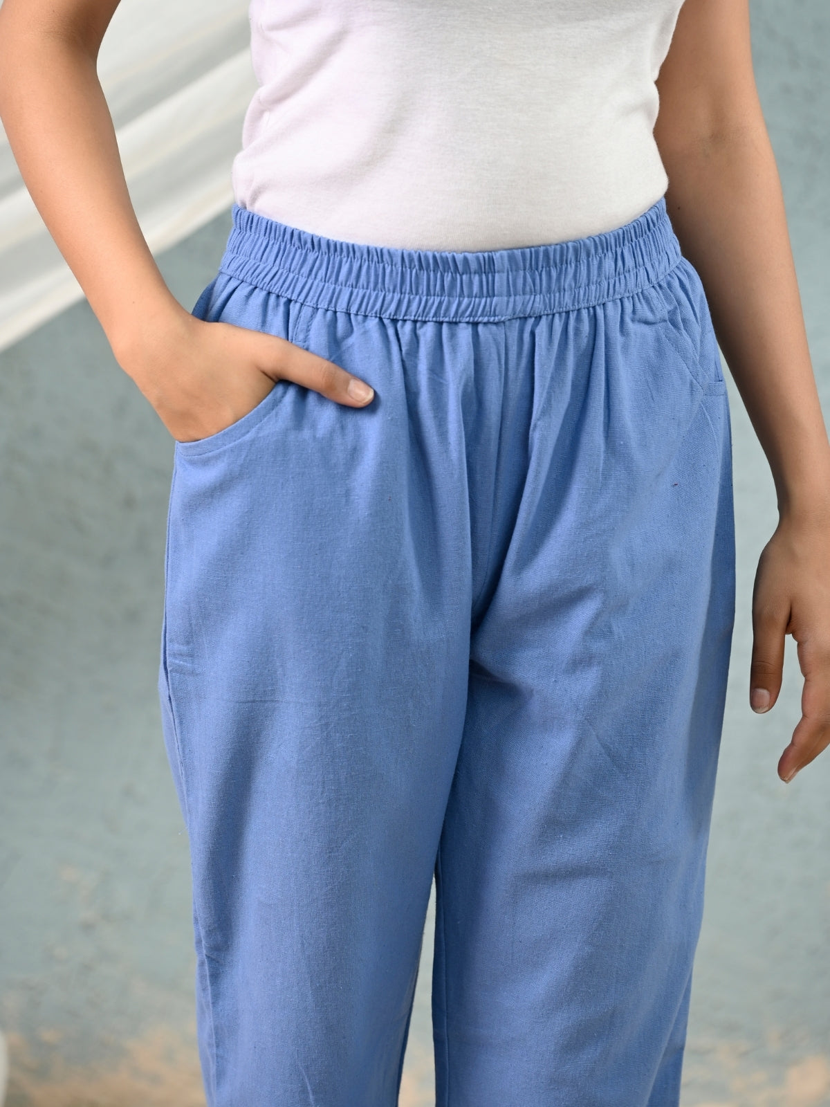 Denim Blue Regular Fit Elastic Cotton Trouser
