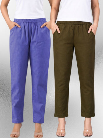 Denimblue & Mehendi Regular Fit Elastic Cotton Trouser Combo