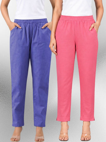 Denimblue & Mauvepink Regular Fit Elastic Cotton Trouser Combo