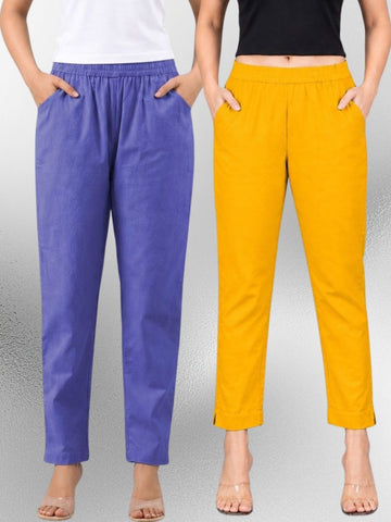 Denimblue & Mustard Regular Fit Elastic Cotton Trouser Combo