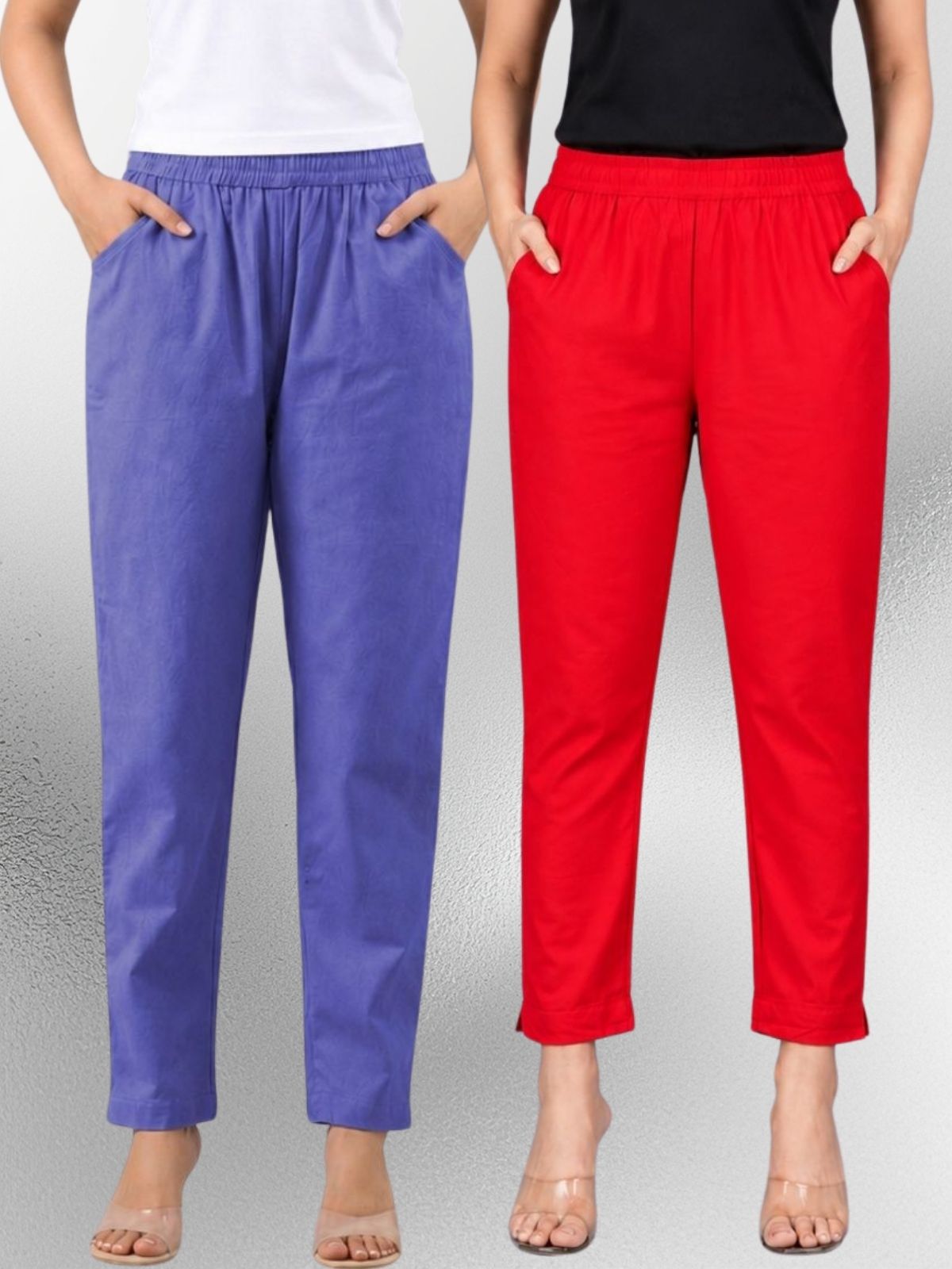 Denimblue & Red Regular Fit Elastic Cotton Trouser Combo
