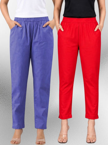 Denimblue & Red Regular Fit Elastic Cotton Trouser Combo