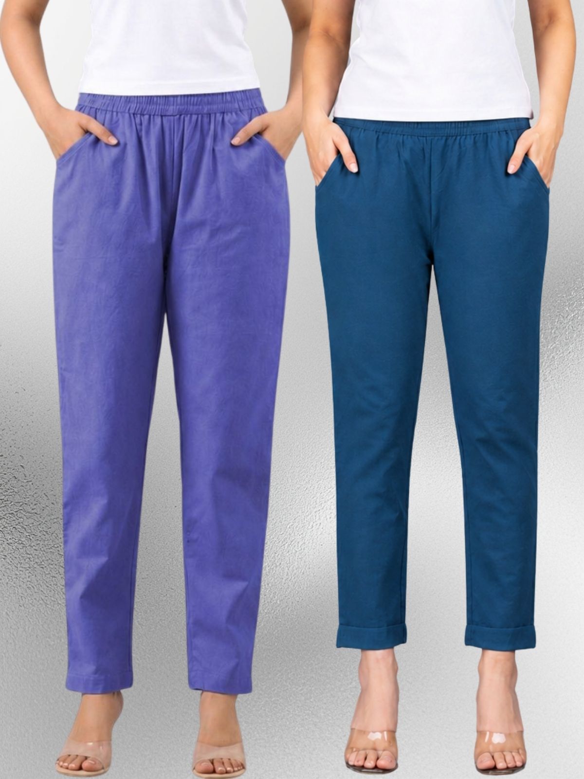 Denimblue & Tealblue Regular Fit Elastic Cotton Trouser Combo