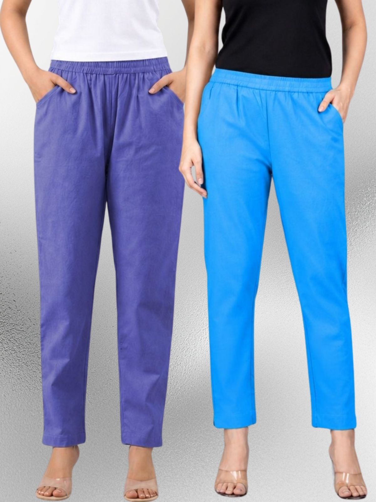 Denimblue & Turquoise Regular Fit Elastic Cotton Trouser Combo