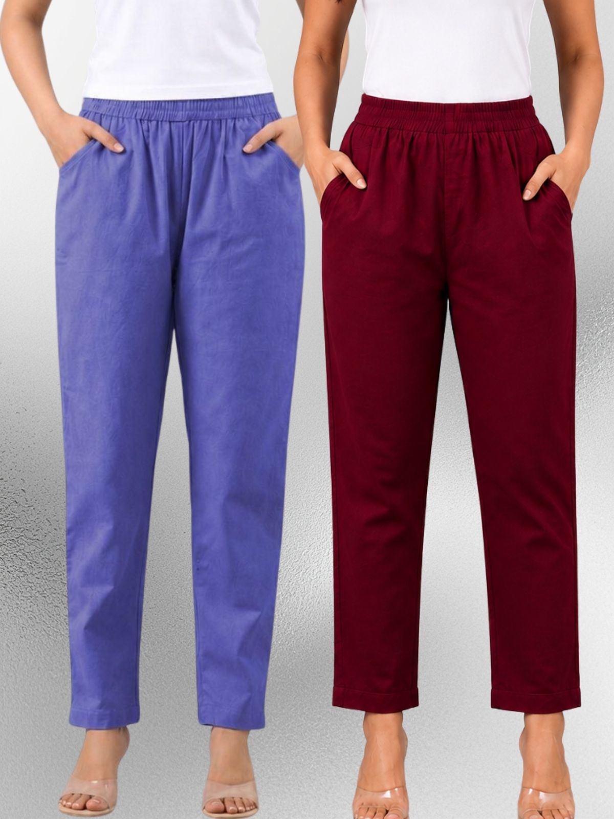 Denimblue & Wine Regular Fit Elastic Cotton Trouser Combo