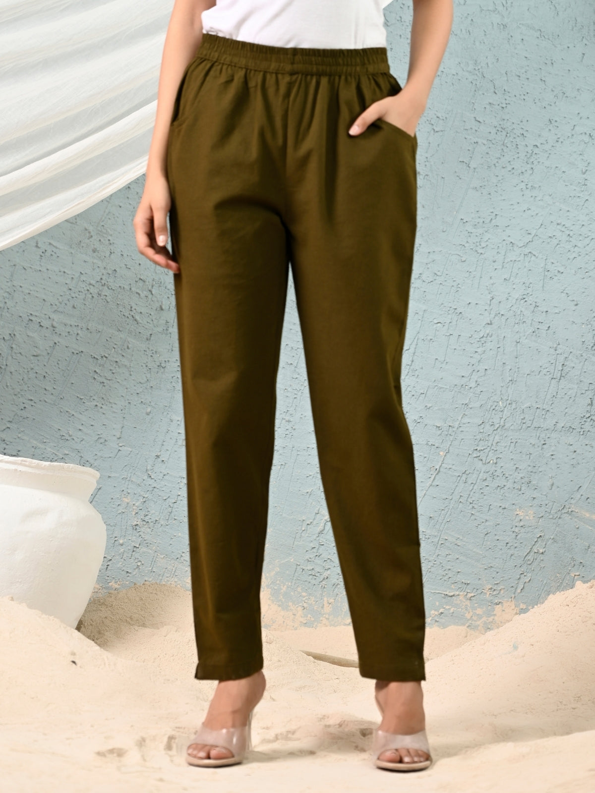 Dark Green Regular Fit Elastic Cotton Trouser