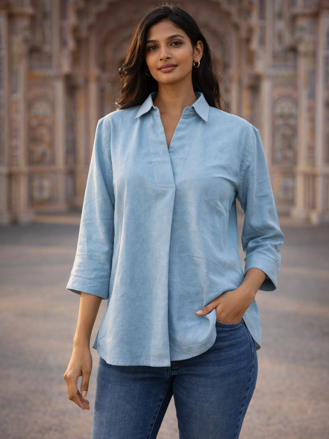 Firozi Airy Linen Pleated Top