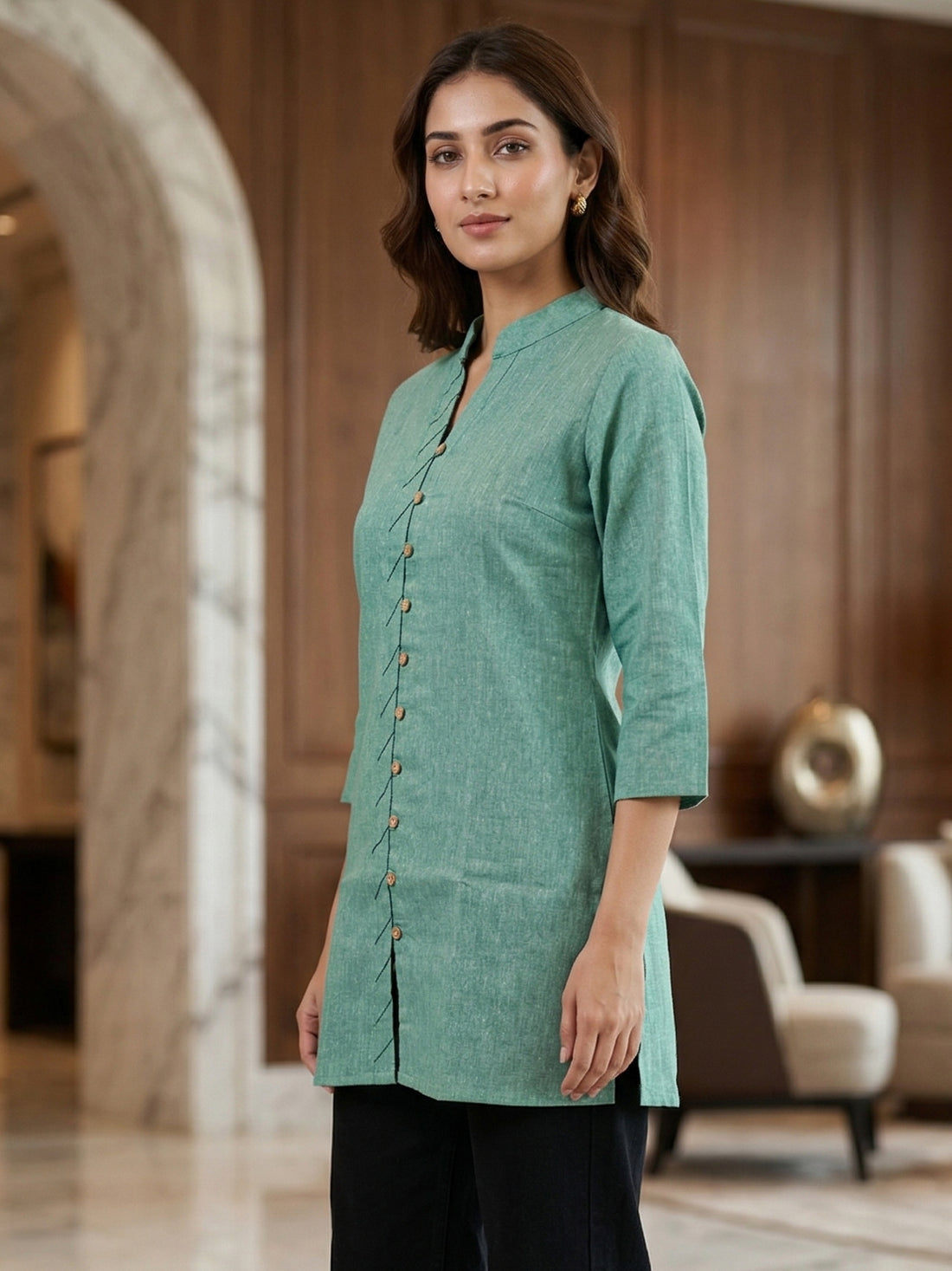 Green Handloom Cotton Front-Slit Short Kurti