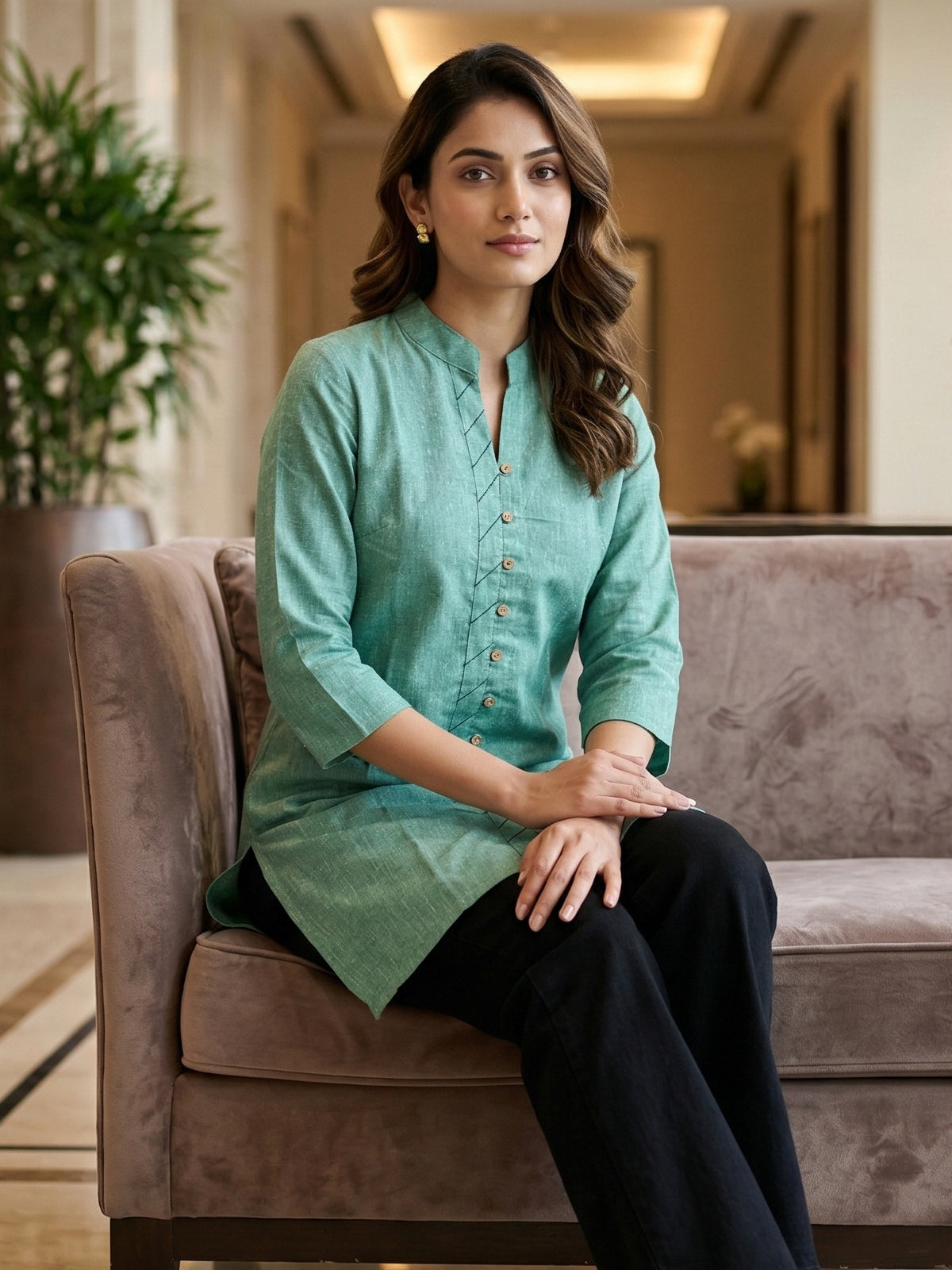 Green Handloom Cotton Front-Slit Short Kurti