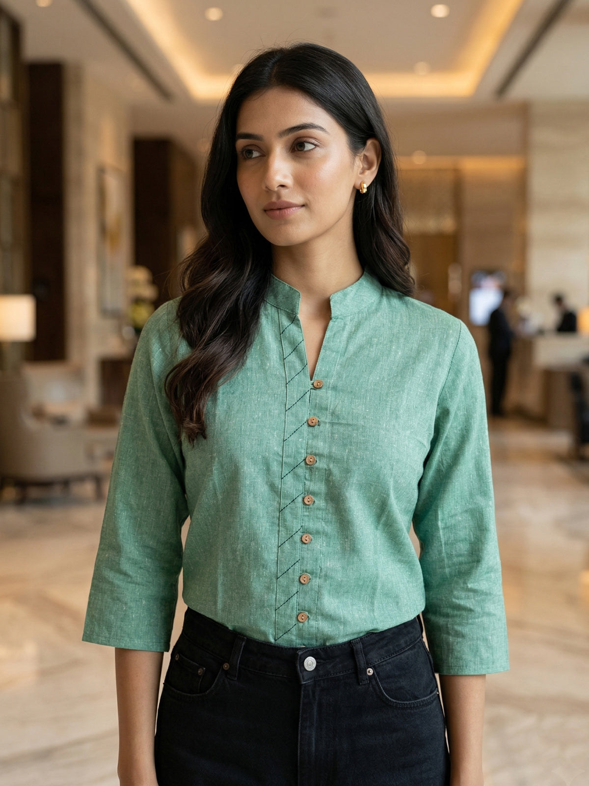 Green Handloom Cotton Front-Slit Short Kurti