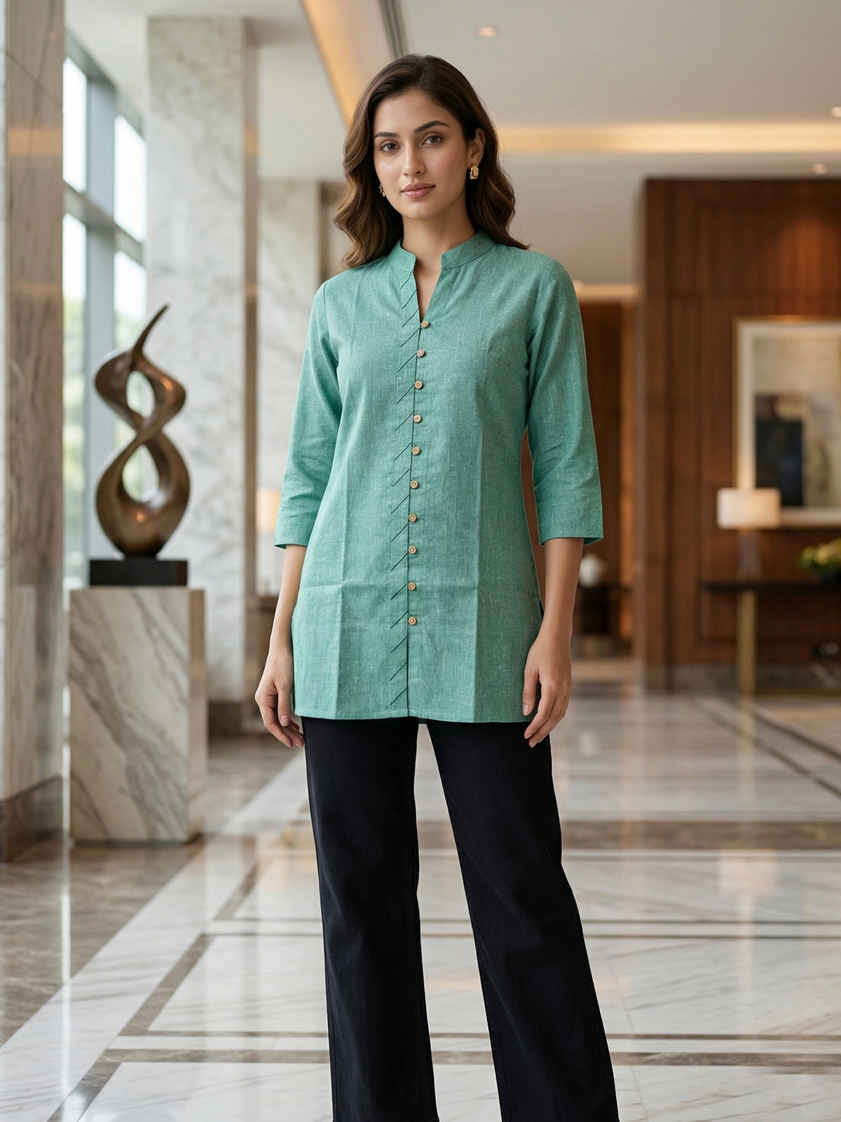 Green Handloom Cotton Front-Slit Short Kurti