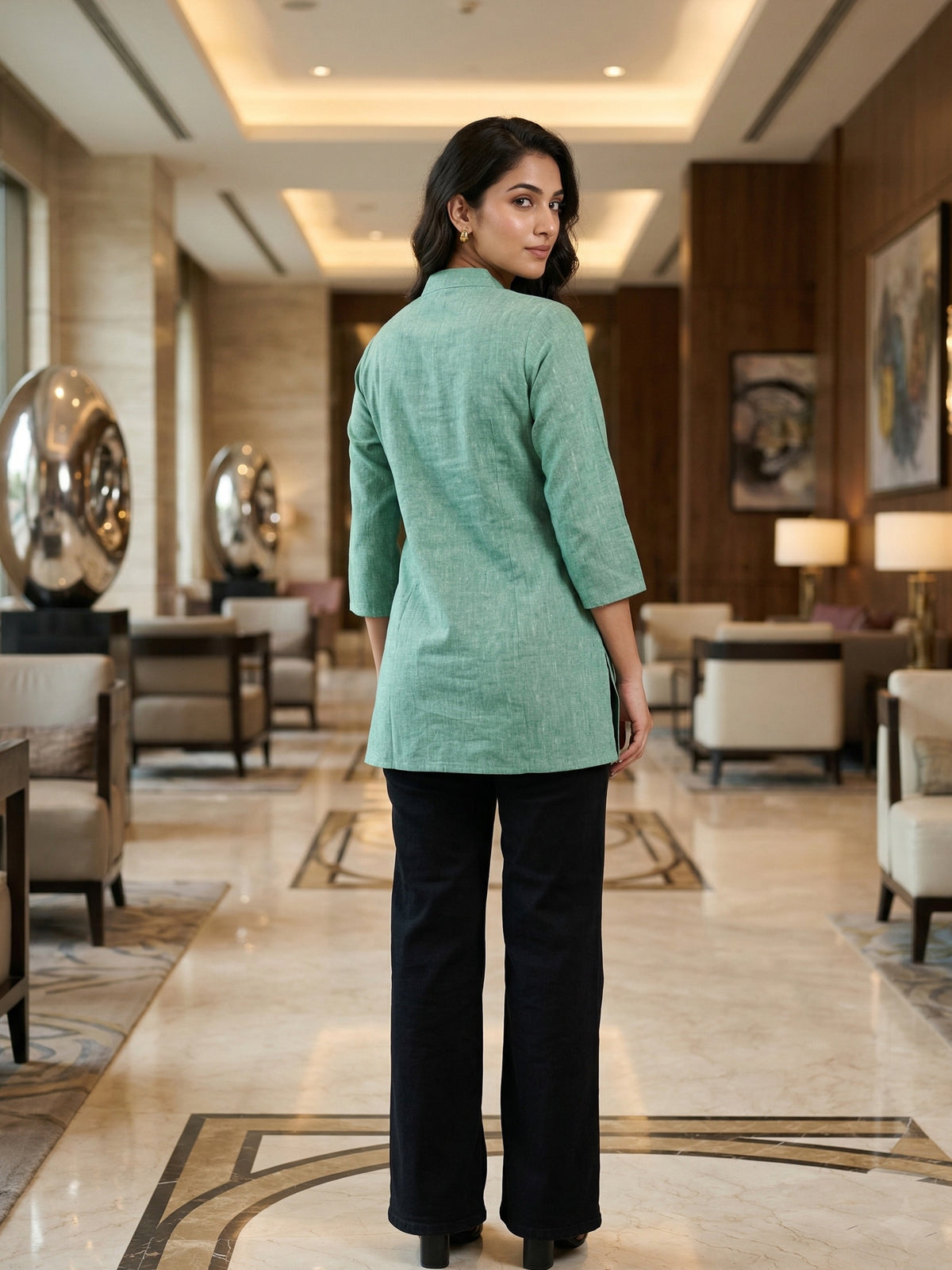 Green Handloom Cotton Front-Slit Short Kurti
