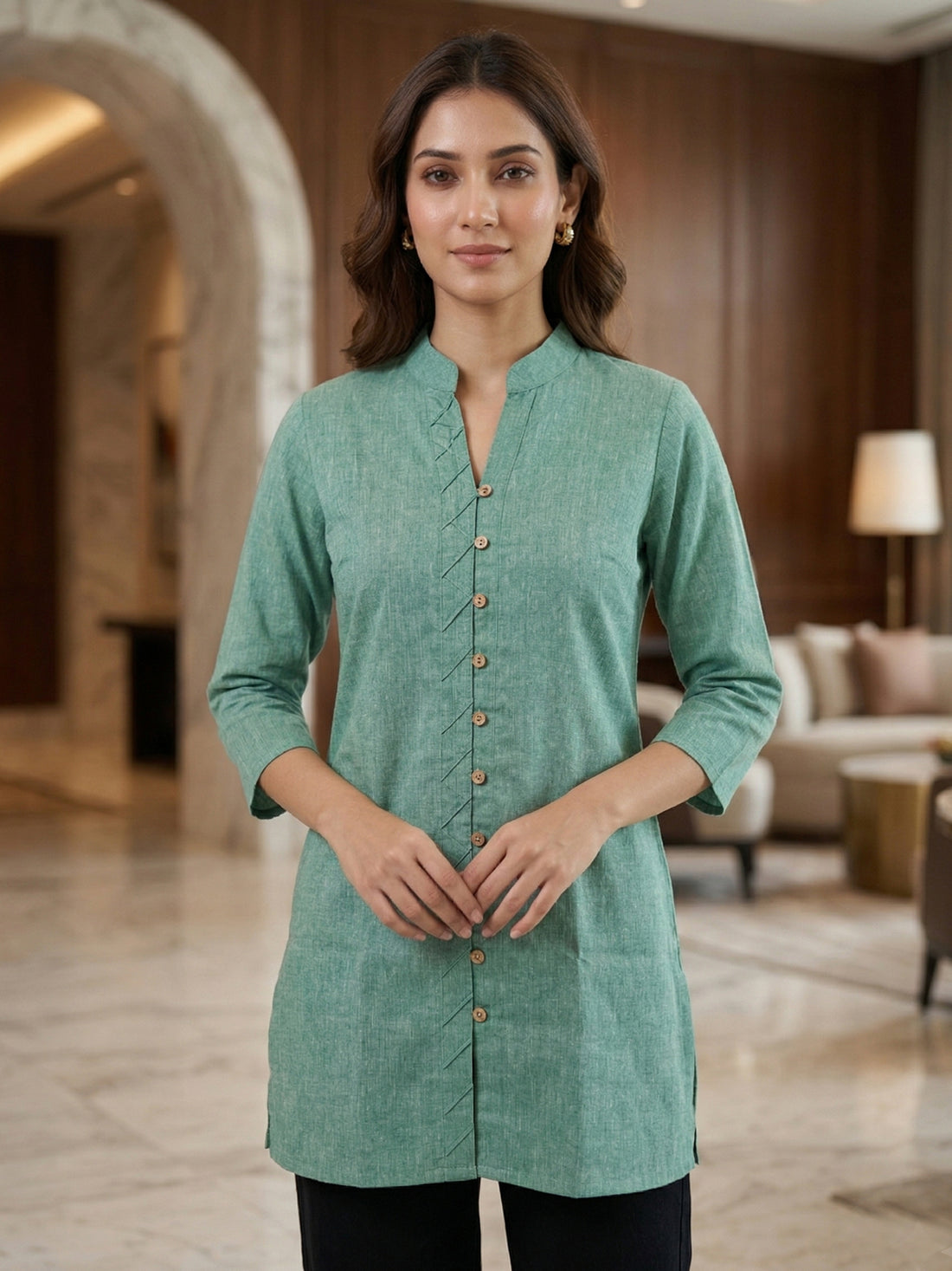 Green & Pink Handloom Cotton Front-Slit Short Kurti Combo