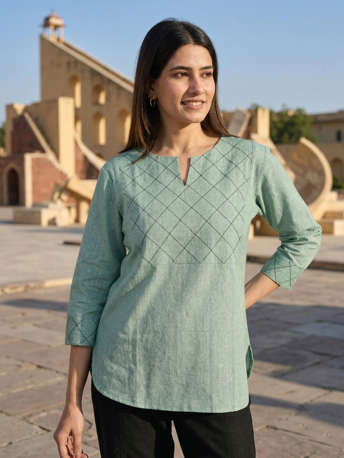 Green Handloom Cotton Yoke Top