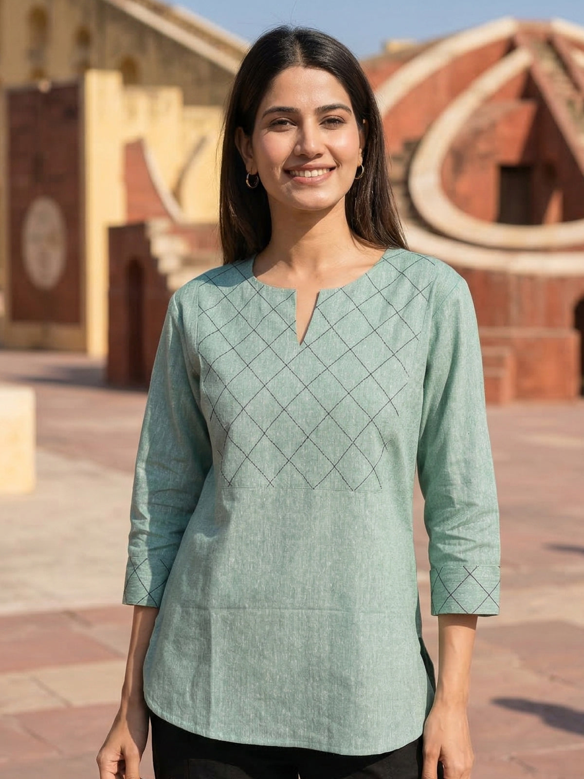 Green Handloom Cotton Yoke Top