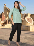 Green Handloom Cotton Yoke Top