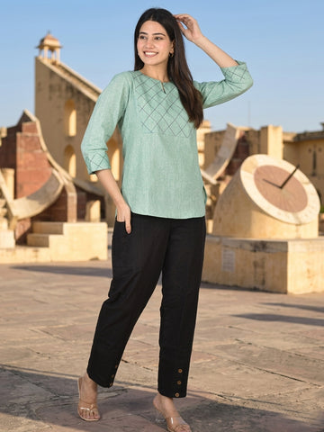 Green Handloom Cotton Yoke Top