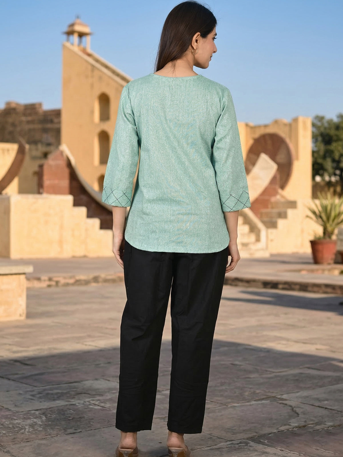 Green Handloom Cotton Yoke Top