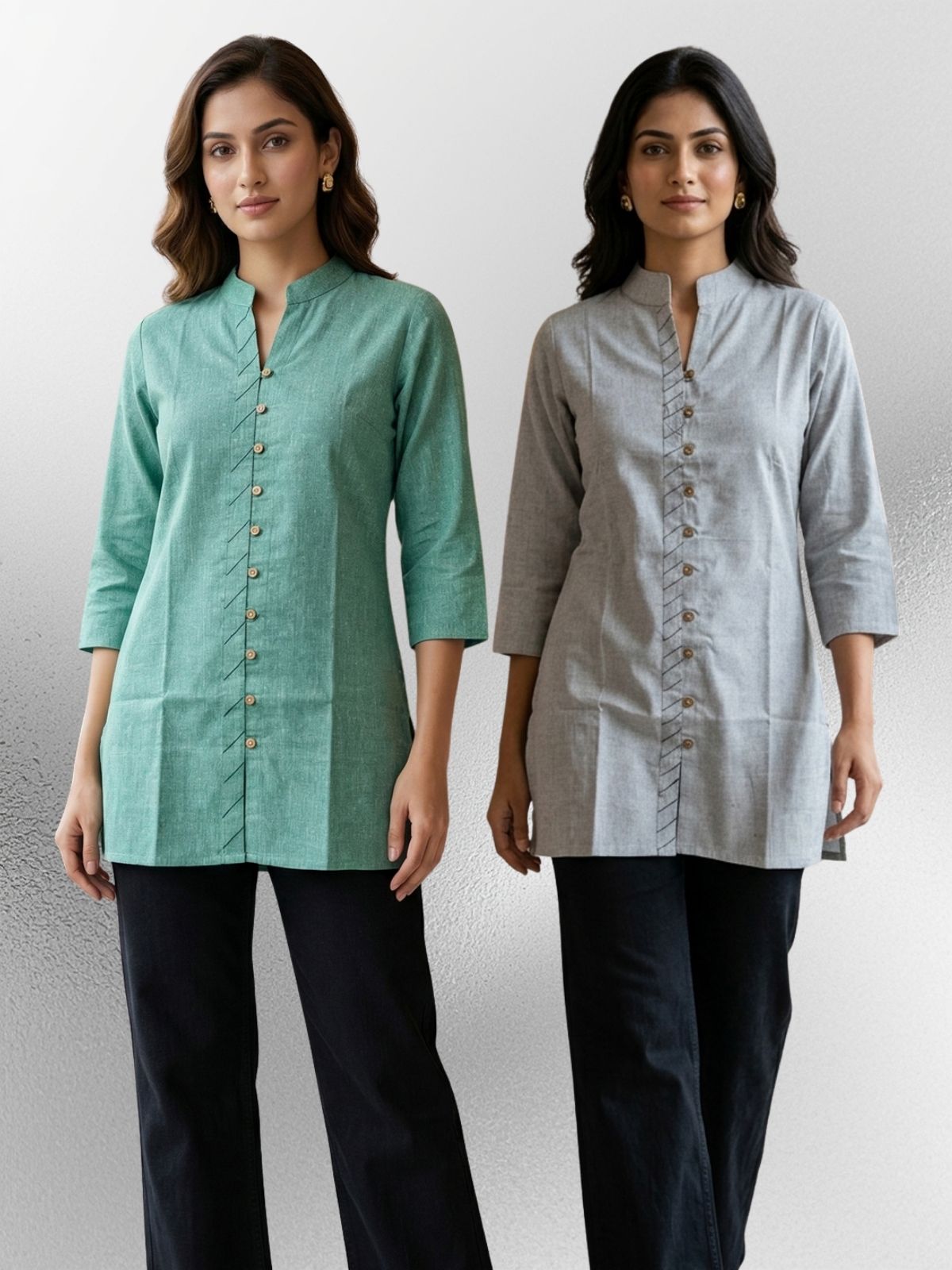 Green & Melange Handloom Cotton Front-Slit Short Kurti Combo