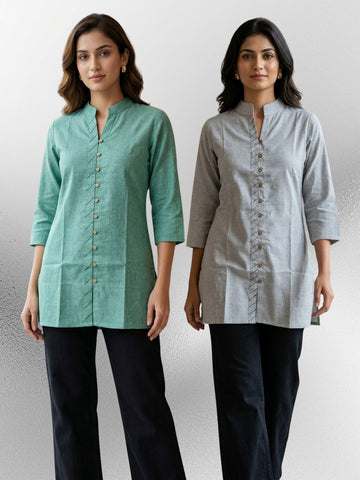 Green & Melange Handloom Cotton Front-Slit Short Kurti Combo