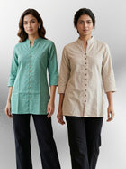 Green & Cream Handloom Cotton Front-Slit Short Kurti Combo