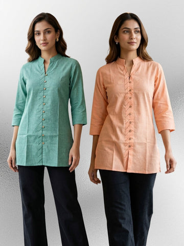 Green & Orange Handloom Cotton Front-Slit Short Kurti Combo