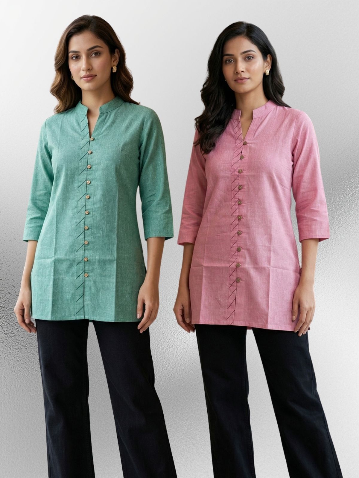 Green & Pink Handloom Cotton Front-Slit Short Kurti Combo