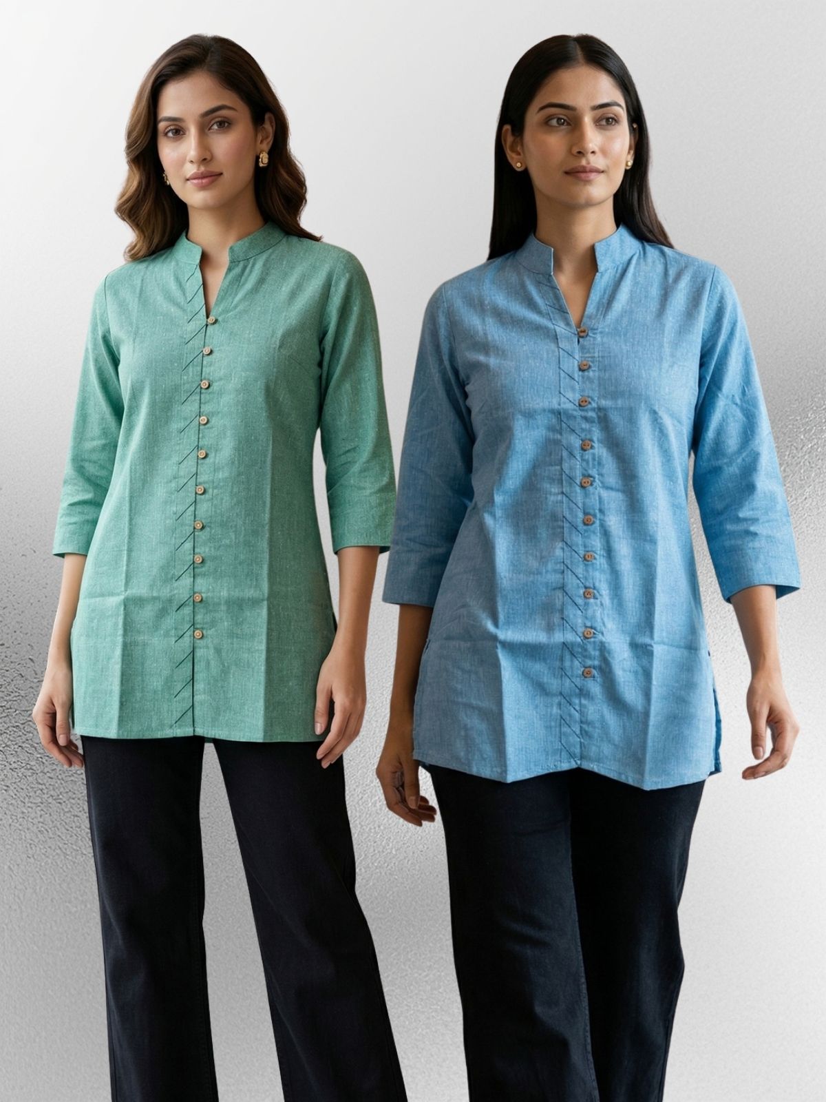 Green & SkyBlue Handloom Cotton Front-Slit Short Kurti Combo