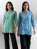 Green & SkyBlue Handloom Cotton Front-Slit Short Kurti Combo