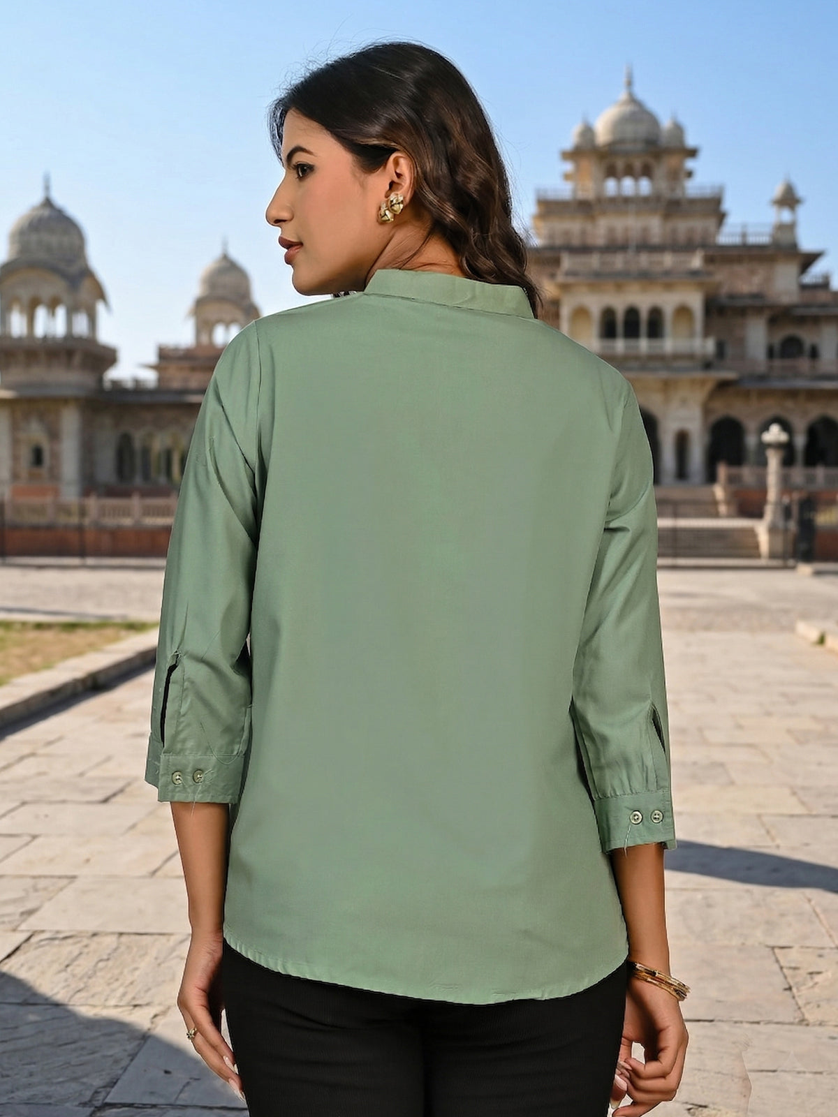 Green Viscose Pleated Top