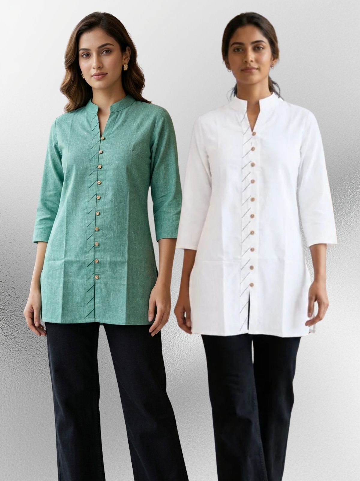 Green & White Handloom Cotton Front-Slit Short Kurti Combo
