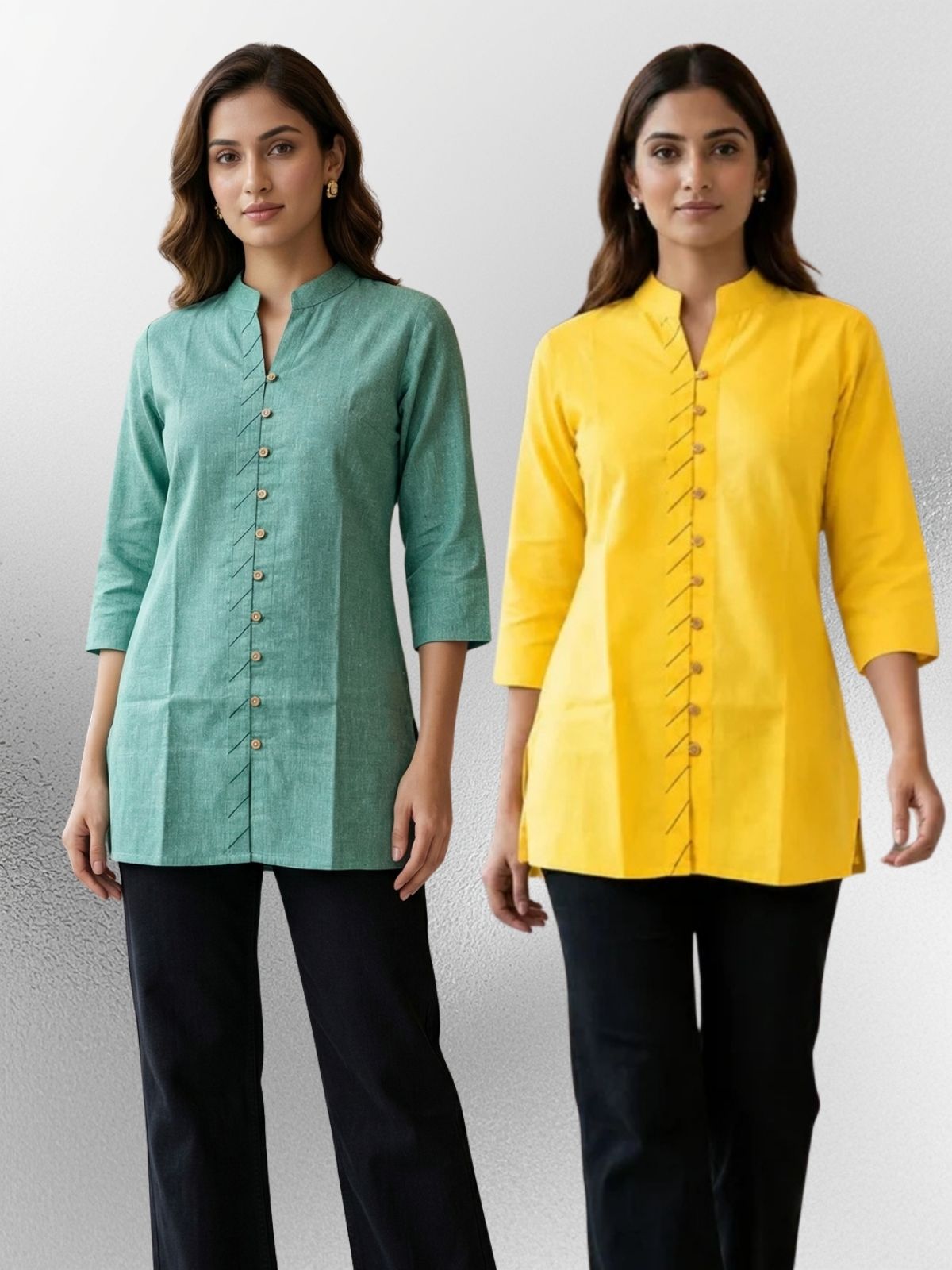 Green & Yellow Handloom Cotton Front-Slit Short Kurti Combo