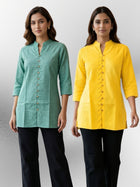Green & Yellow Handloom Cotton Front-Slit Short Kurti Combo