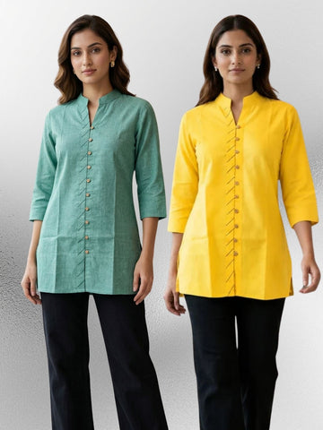 Green & Yellow Handloom Cotton Front-Slit Short Kurti Combo