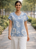 Grey Airy Linen Cotton Printed Top
