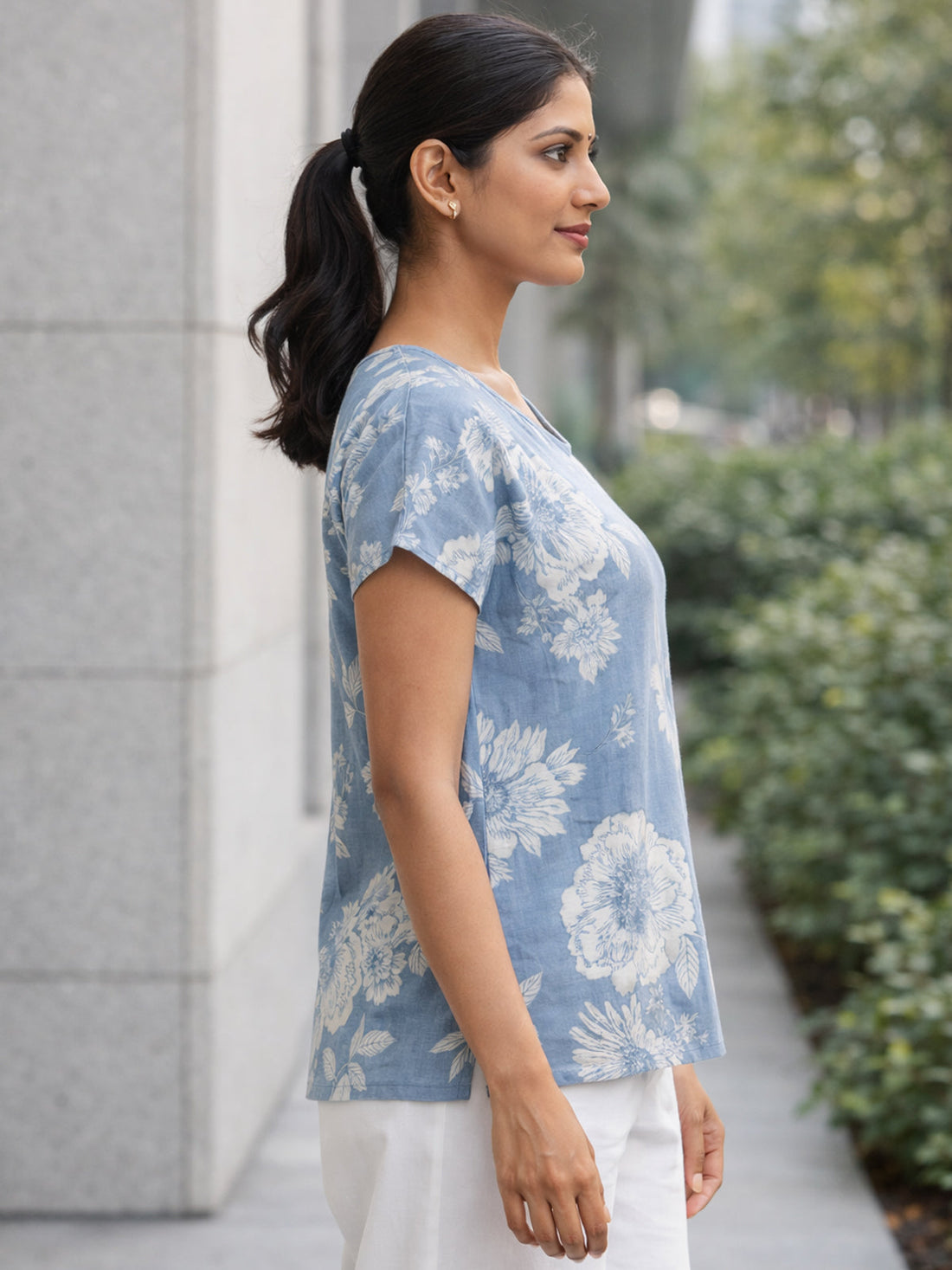 Grey Airy Linen Cotton Printed Top