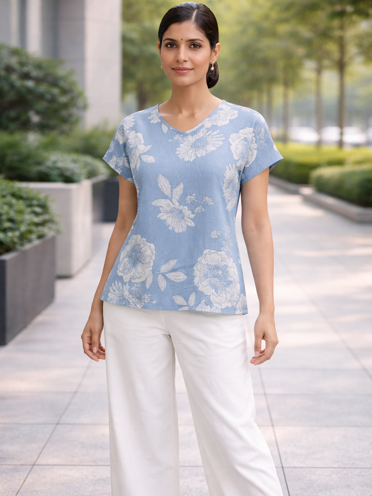 Grey Airy Linen Cotton Printed Top