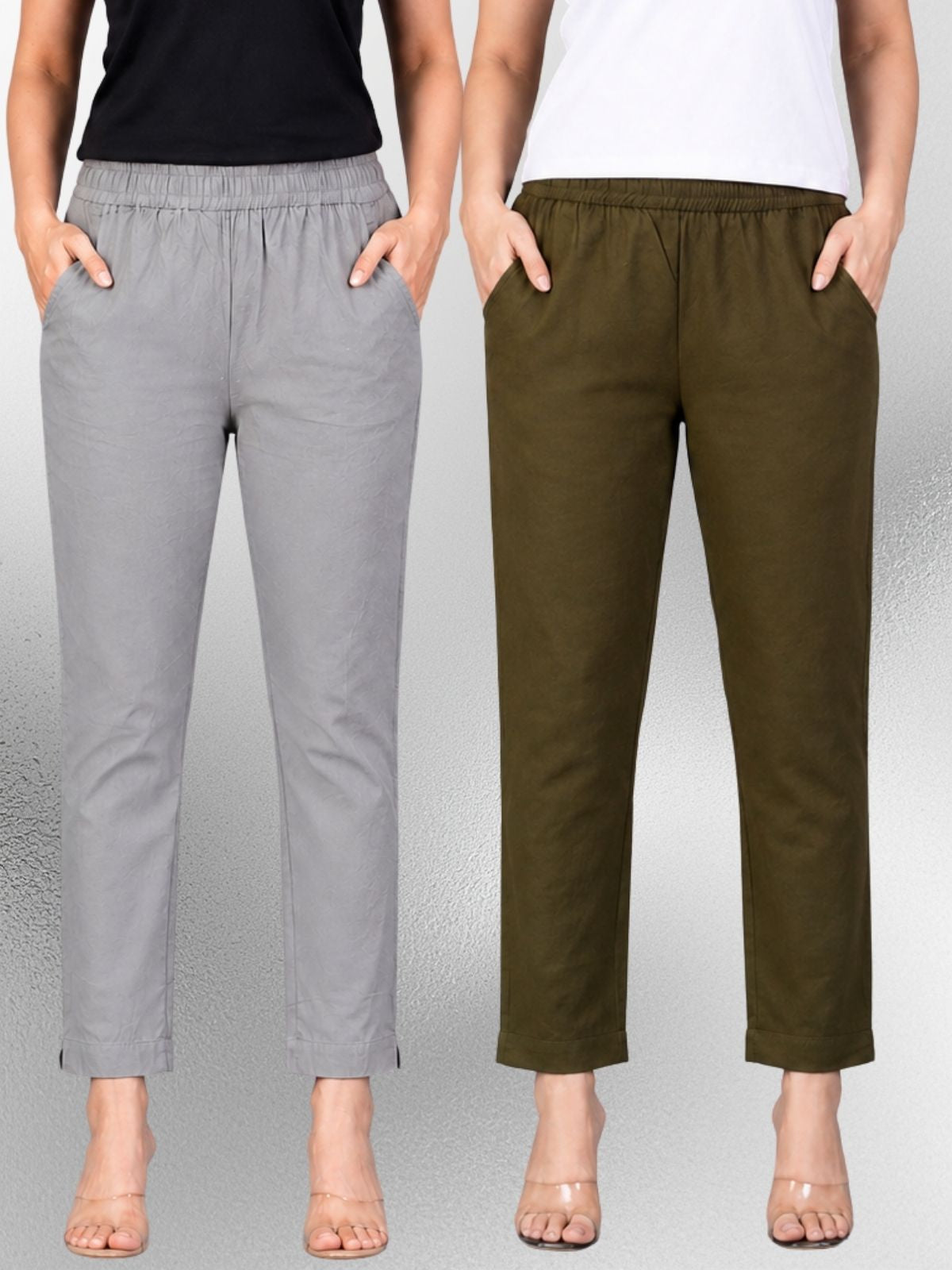 Grey & Mehendi Regular Fit Elastic Cotton Trouser Combo