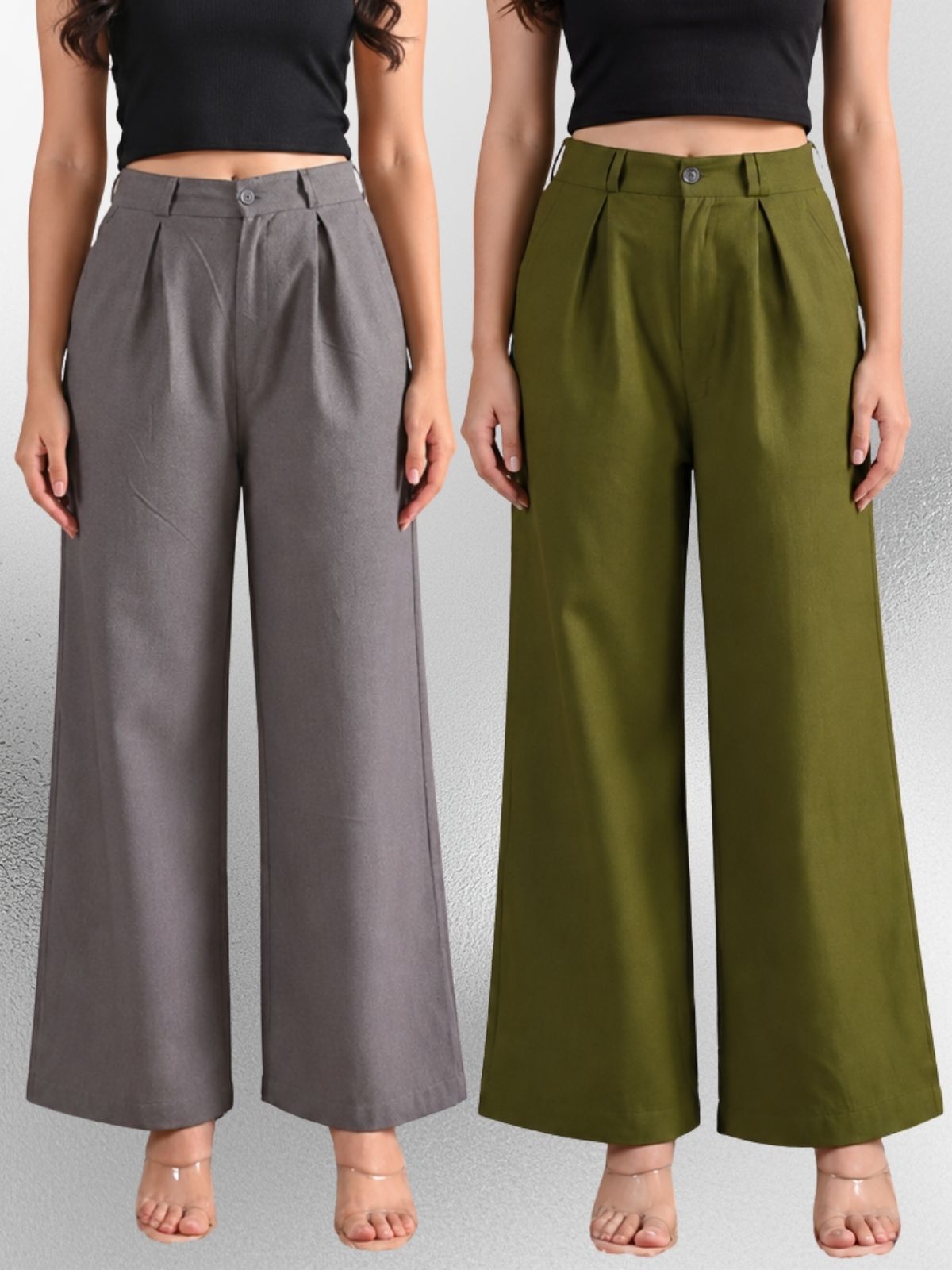 Grey & Mehndi-Cotton Wide Leg Pants Combo